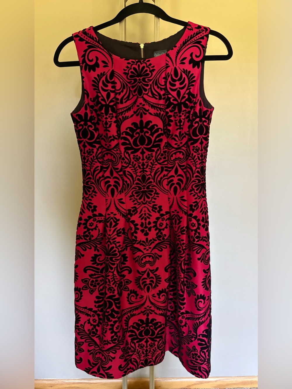 Gabby Skye Sleeveless A-Line Dress Red Satin Base with Black Velvet Brocade
